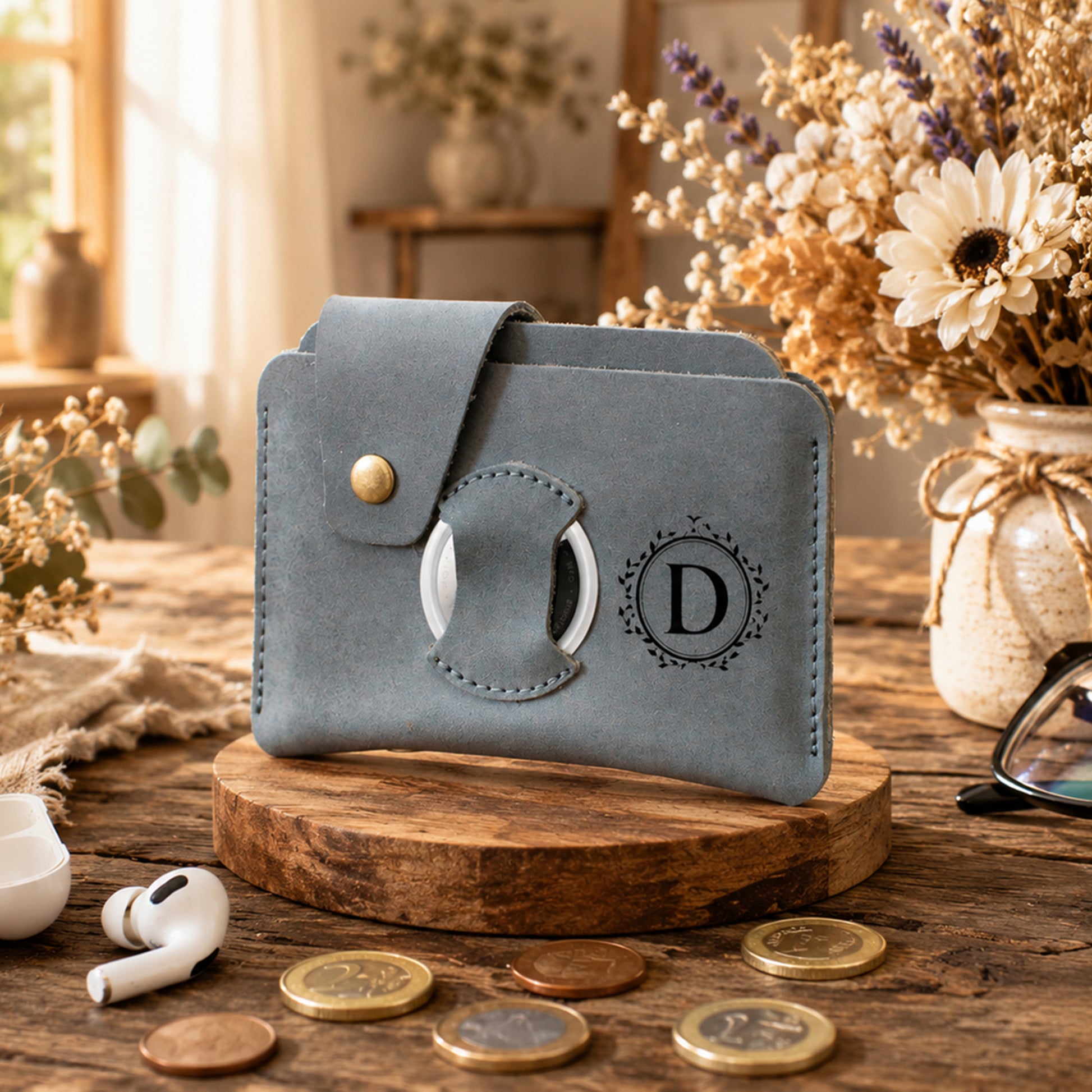 Collection of personalized leather AirTag wallets with engravings