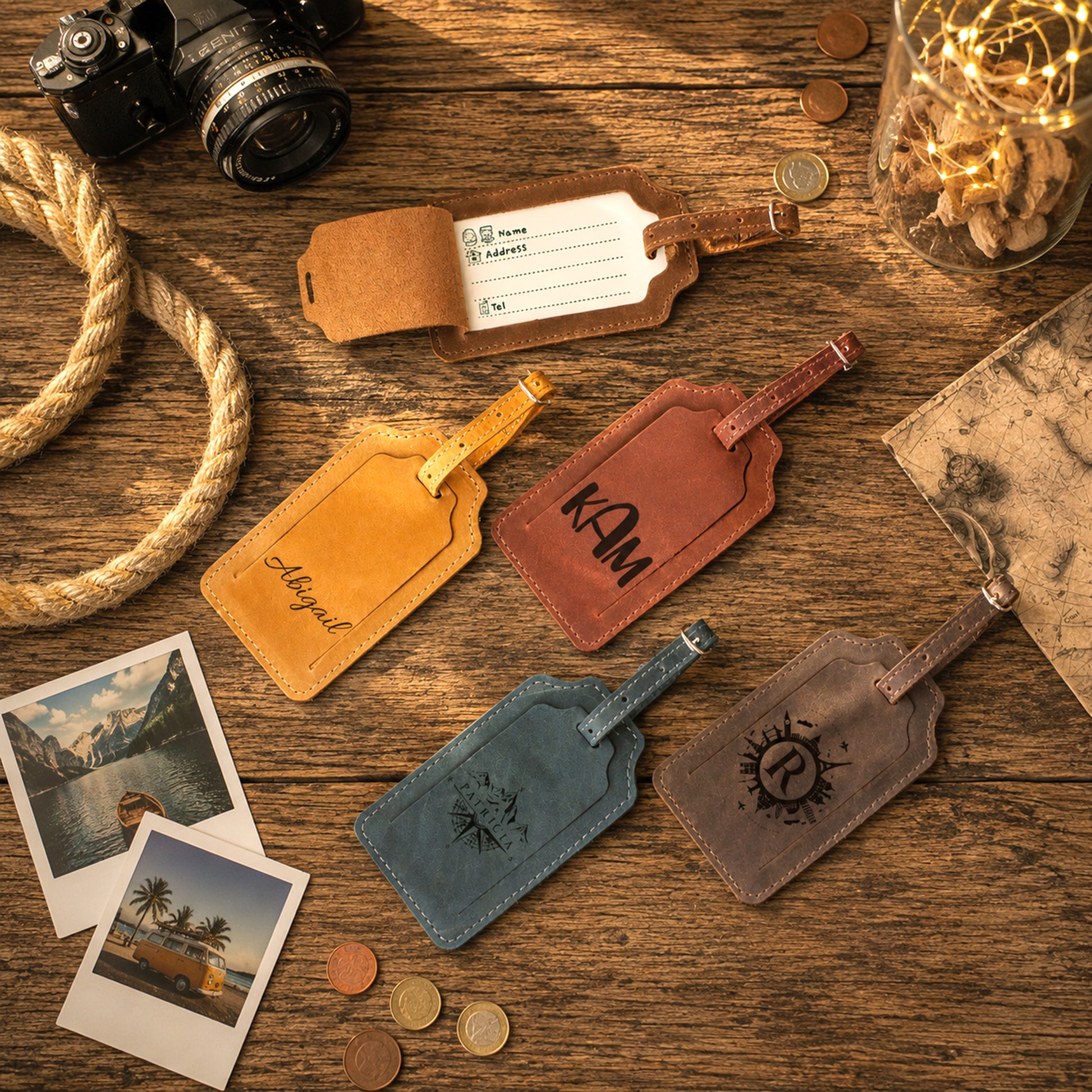 Five personalized leather luggage tags in tan, brown, blue, and gray are arranged on a rustic wooden table with vintage props including a camera, rope, coins, and instant photos.