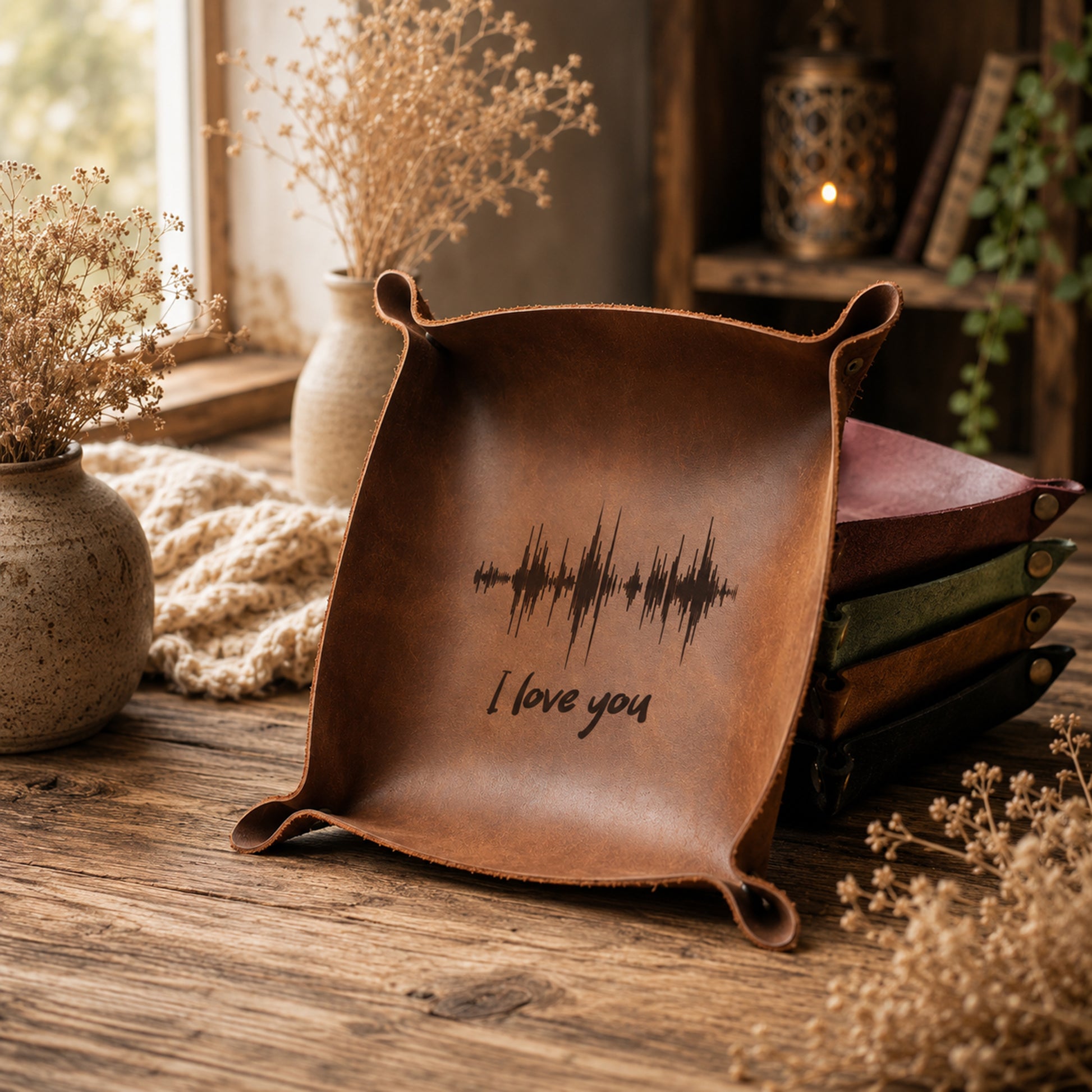 A brown leather square tray with rounded corners and the words 'I love you' printed in black script below a soundwave graphic, displayed on a rustic wooden table in a cozy, warm-toned room setting.