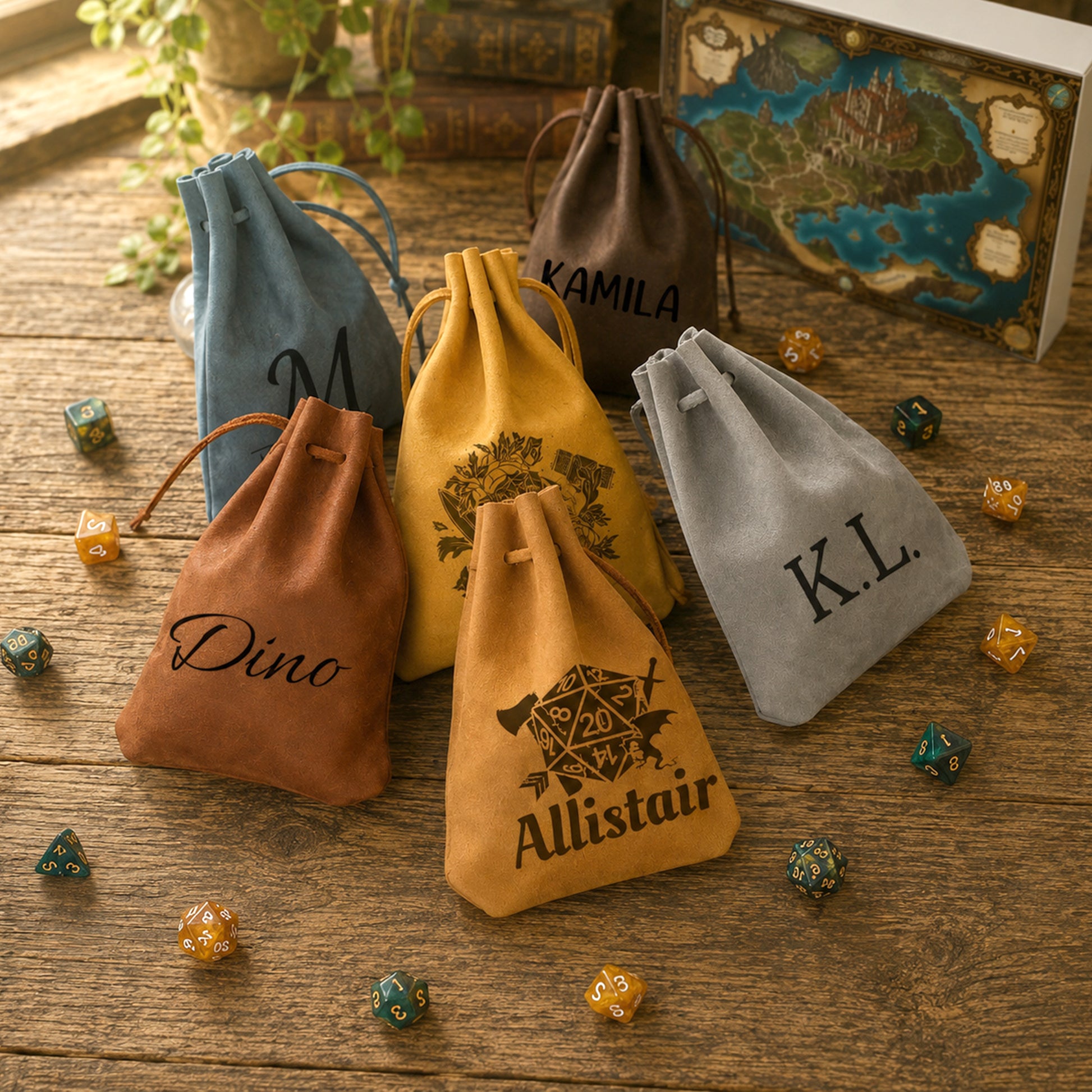 Five personalized drawstring pouches in different colors (blue, brown, yellow, gray, tan) arranged on a wooden tabletop with scattered polyhedral dice. The front center yellow pouch is engraved with 'Allistair' and a geometric emblem, and the front left tan pouch is engraved with 'Dino'.
