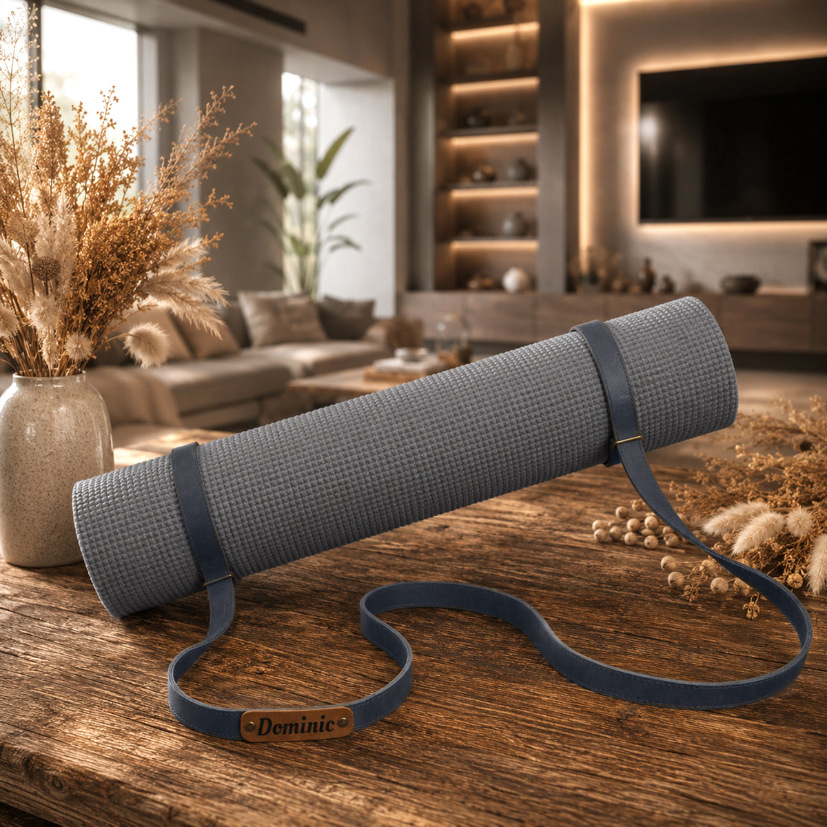 A gray textured yoga mat with a dark blue carrying strap and a small gold-tone 'Dominic' logo plate, resting on a rustic wooden table in a warm, modern living room setting.