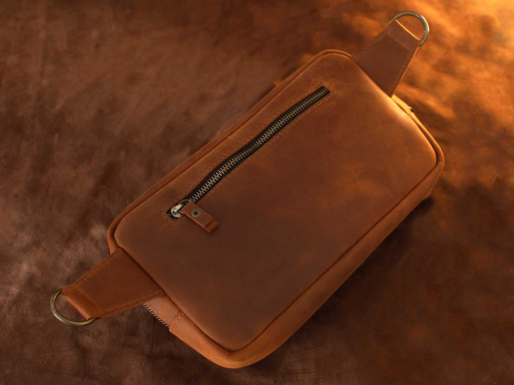 Leather crossbody sling gift box with custom engraving, premium unboxing