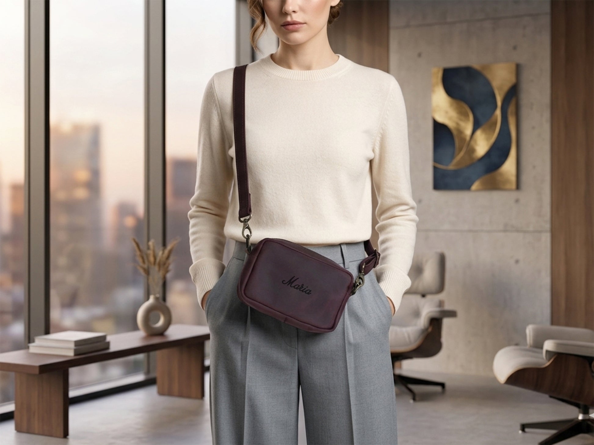 Woman holding a purple handbag in an office setting with large windows.