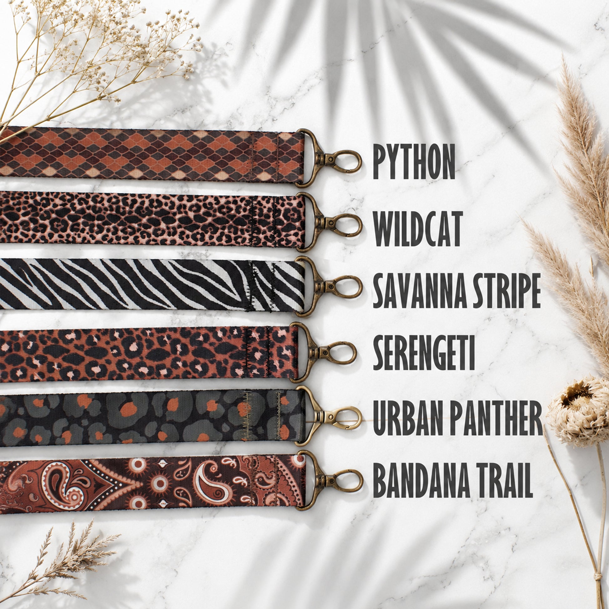 Set of patterned straps with names on a light background