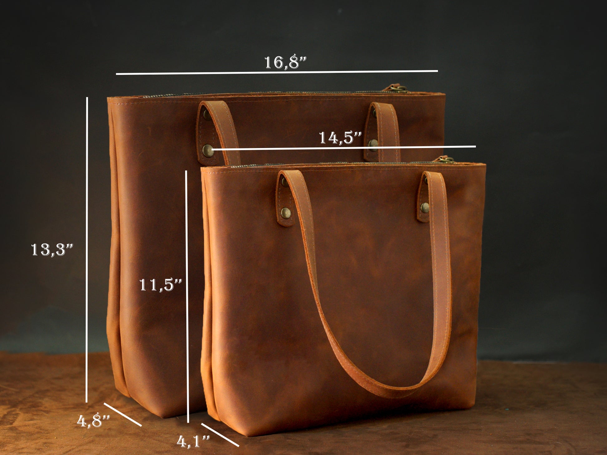Close-up of leather tote bag zipper and hardware detail