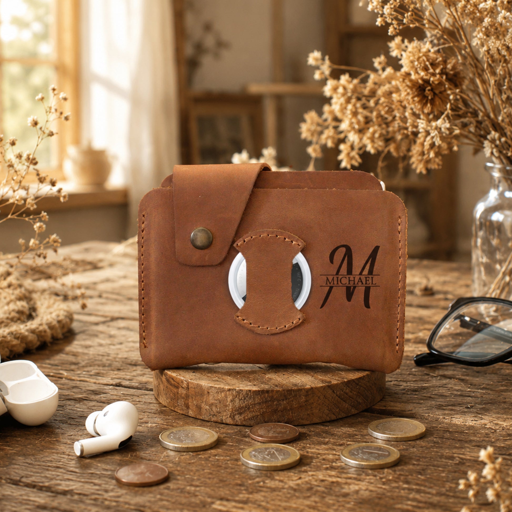Multiple leather slim wallets with monogram initials on textured surface
