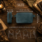 A dark teal leather crossbody phone bag shown on a rustic wooden background with size annotations: the pouch is 5 cm wide, 22 cm long, and 4 cm tall. The image includes text reading 'SIZE' and '4 DIFFERENT KIND OF WAYS TO USE' with four line drawings of the bag worn across different body positions.