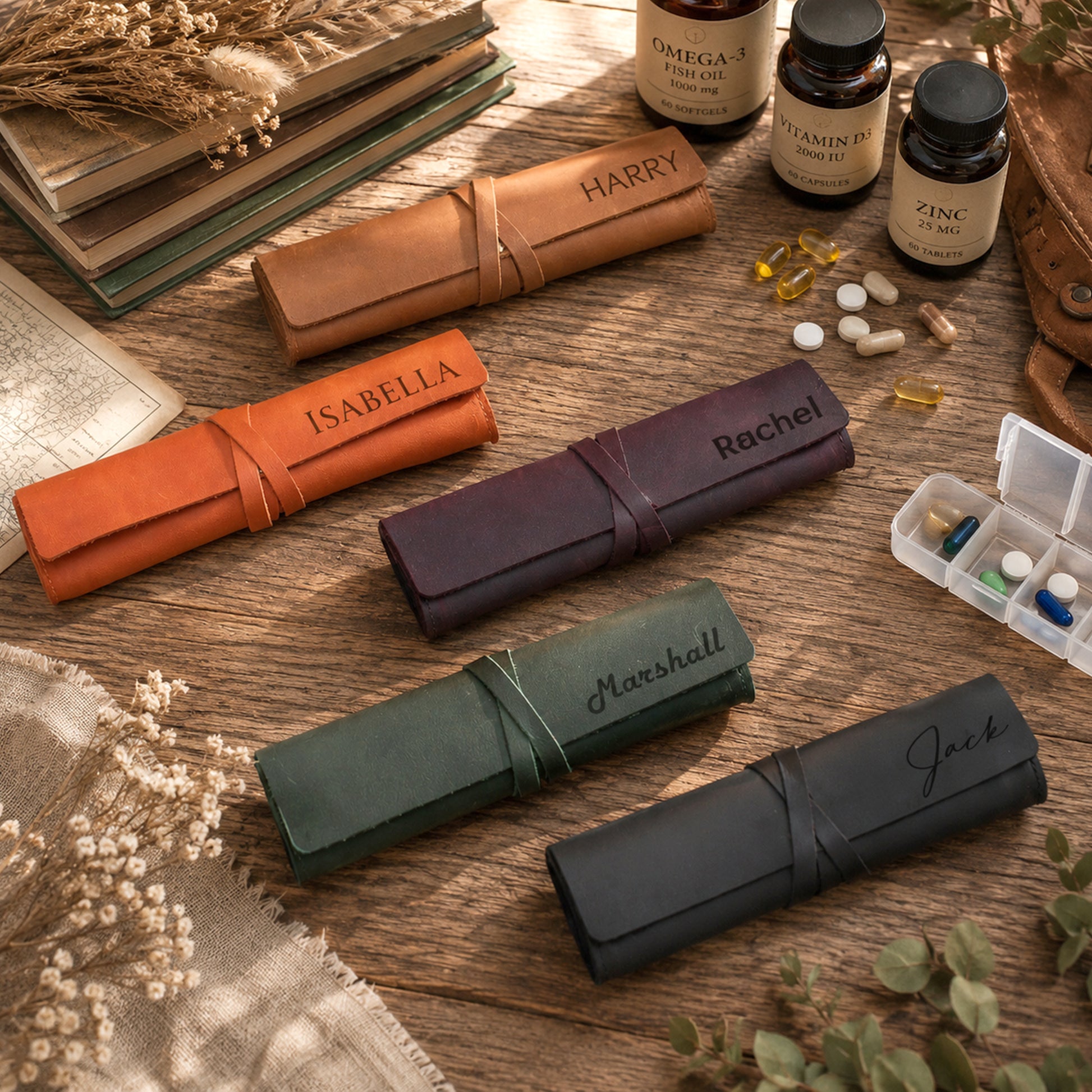 Five personalized leather pill organizer rolls in assorted colors (tan, orange, plum, sage green, and charcoal) with engraved names, arranged on a rustic wooden table alongside supplements, dried flowers, and books.