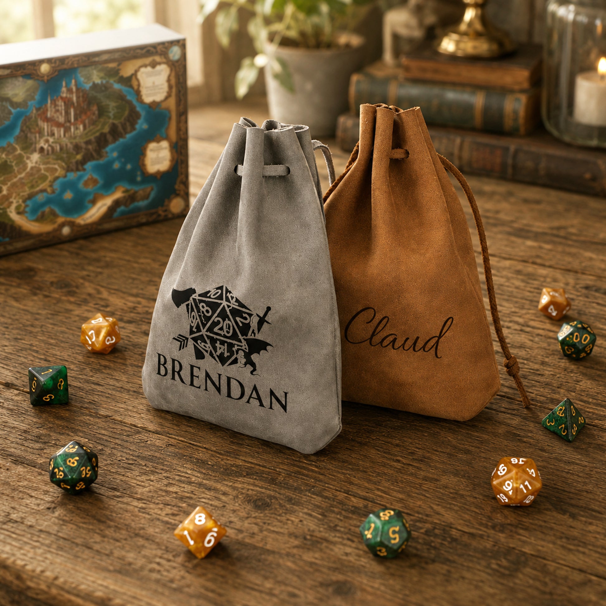 Two personalized drawstring pouches, one in light gray velvet and one in tan suede, displayed on a rustic wooden table with polyhedral dice and a fantasy map box in the background. The gray pouch is printed with a black dragon graphic and the name 'Brendan', while the tan pouch is printed with the name 'Claud'.