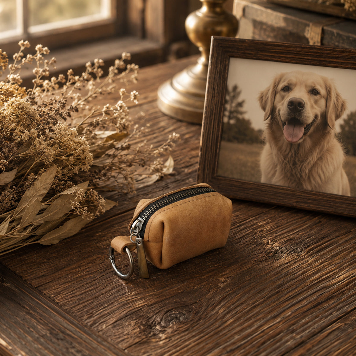 A small tan leather zip pouch with a metal key ring sits on a rustic wooden table beside a framed photo of a golden retriever, with dried flowers and warm indoor decor in the background.
