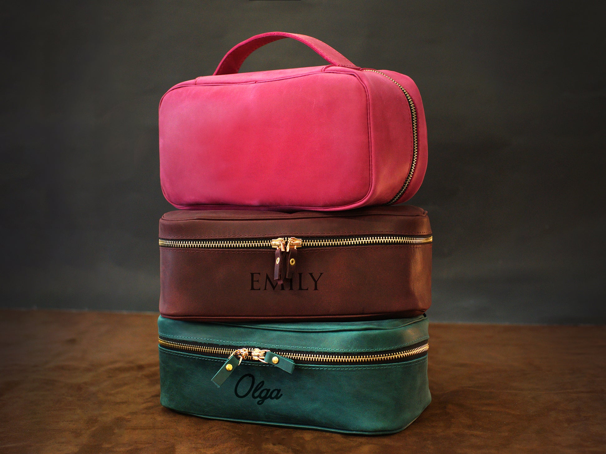 Collection of personalized leather lingerie pouches with engravings