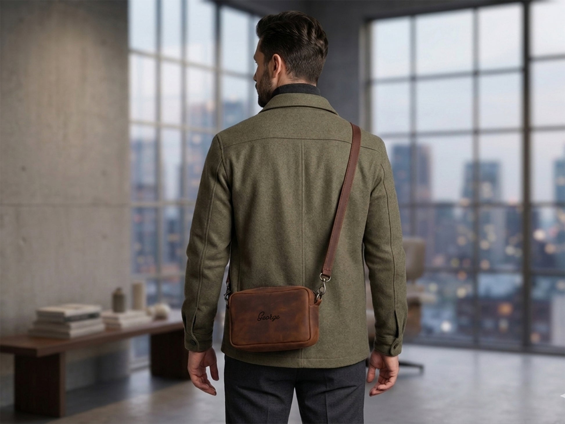 Man wearing a green jacket with a brown leather bag in an indoor setting with large windows.