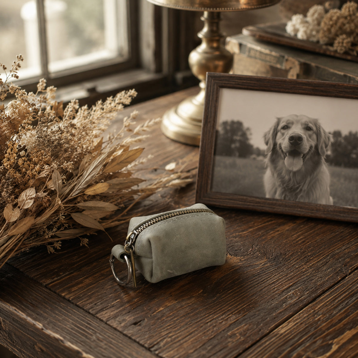 A small zippered pouch with a metal key ring sits on a rustic wooden table beside dried flowers, a framed black-and-white dog photo, and a brass lamp in a warm indoor setting.