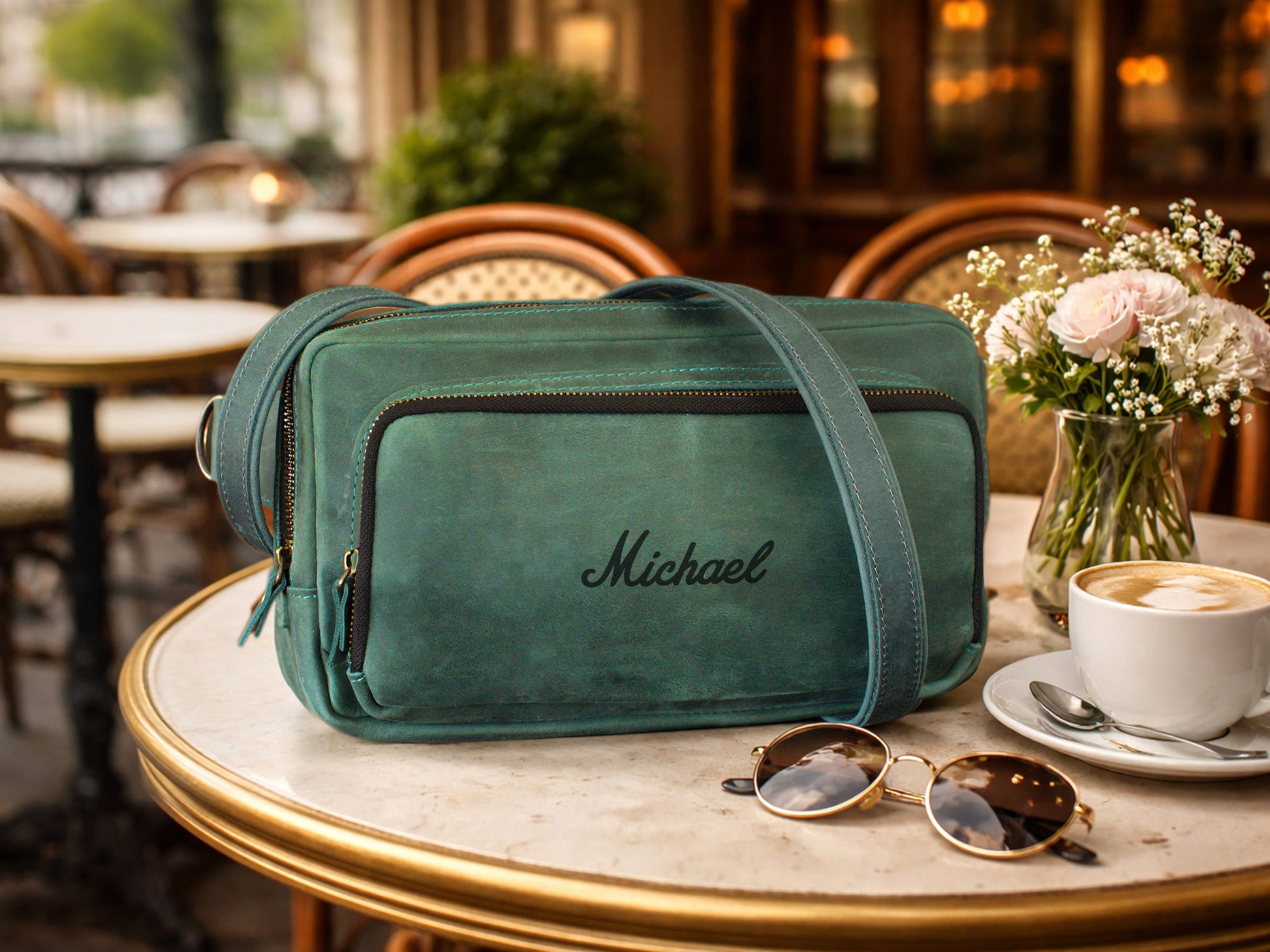 Green bag with 'Michael' embroidery on a table with sunglasses and a cup of coffee in a café setting.