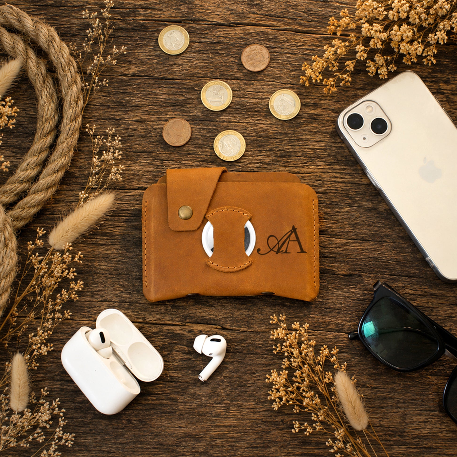 Leather AirTag wallet gift box with custom engraving, premium unboxing