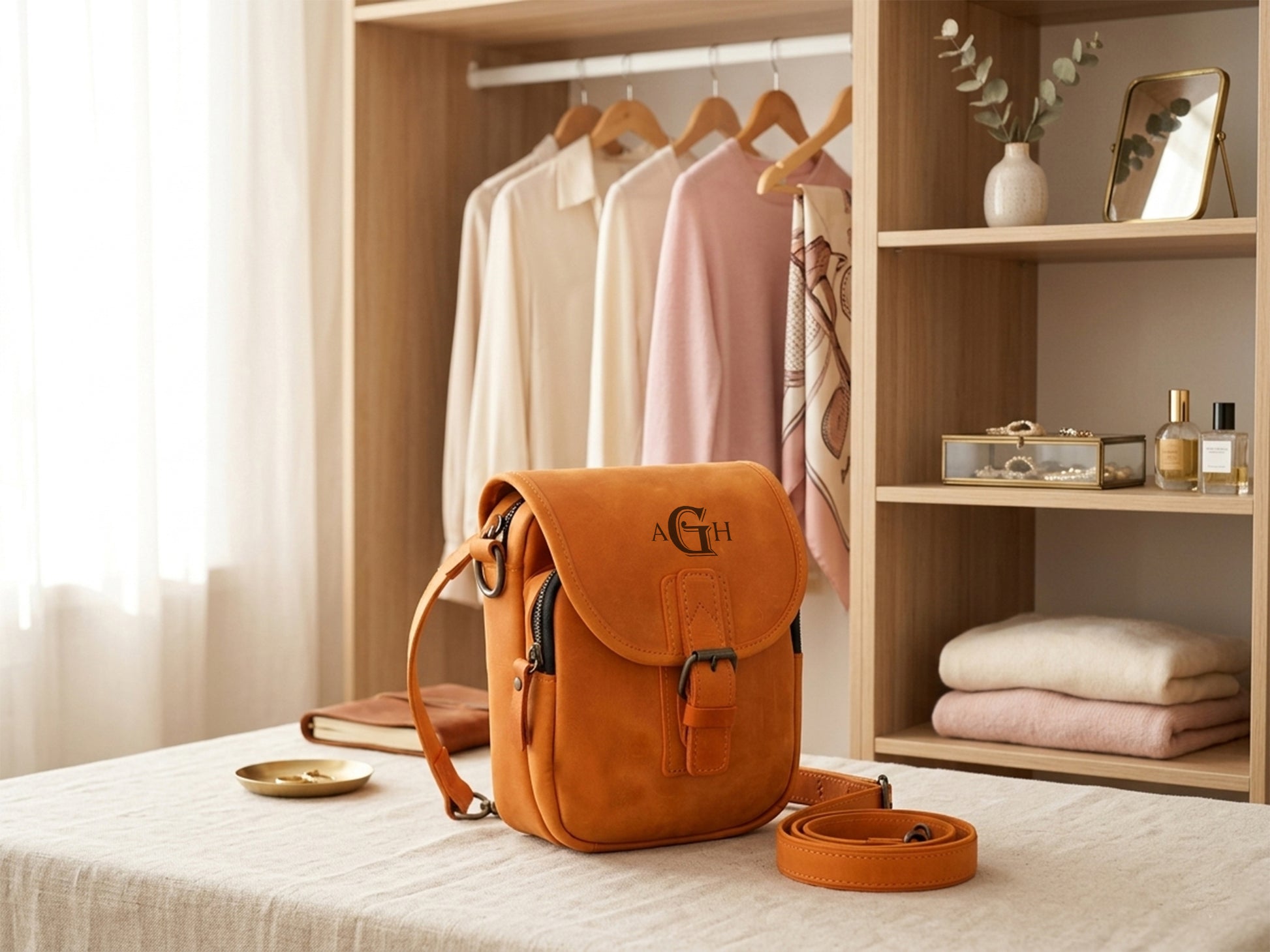 Orange handbag with 'AGH' logo on a bed in a room with clothes and shelves.