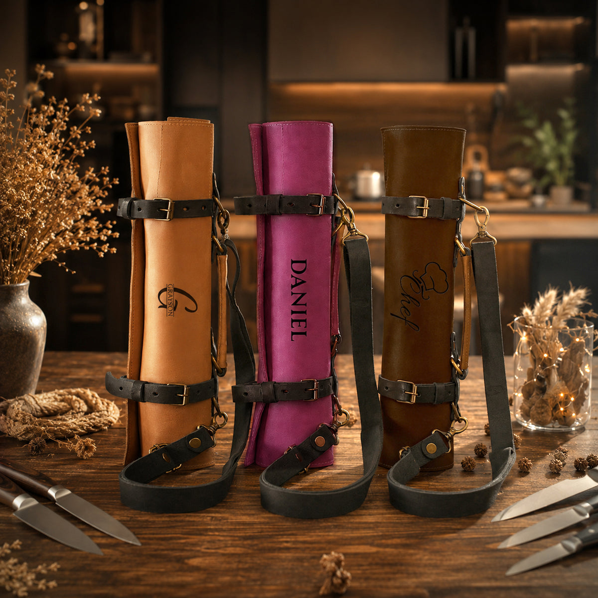 Handcrafted leather knife roll with monogram, gift-ready presentation for chefs