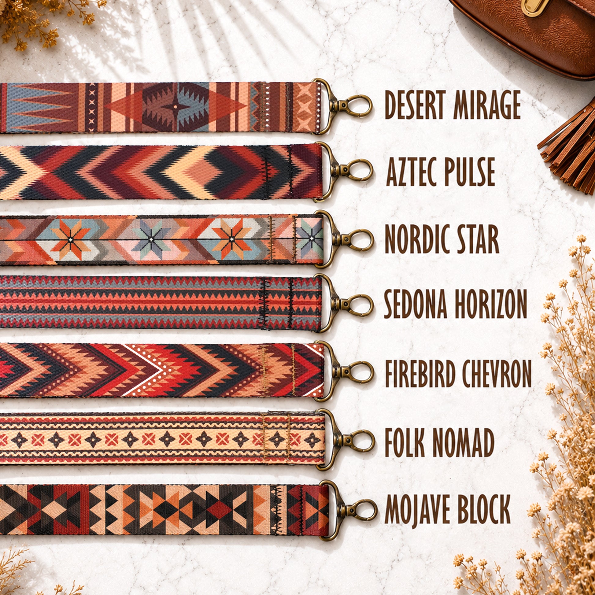 Set of patterned straps with names on a textured surface