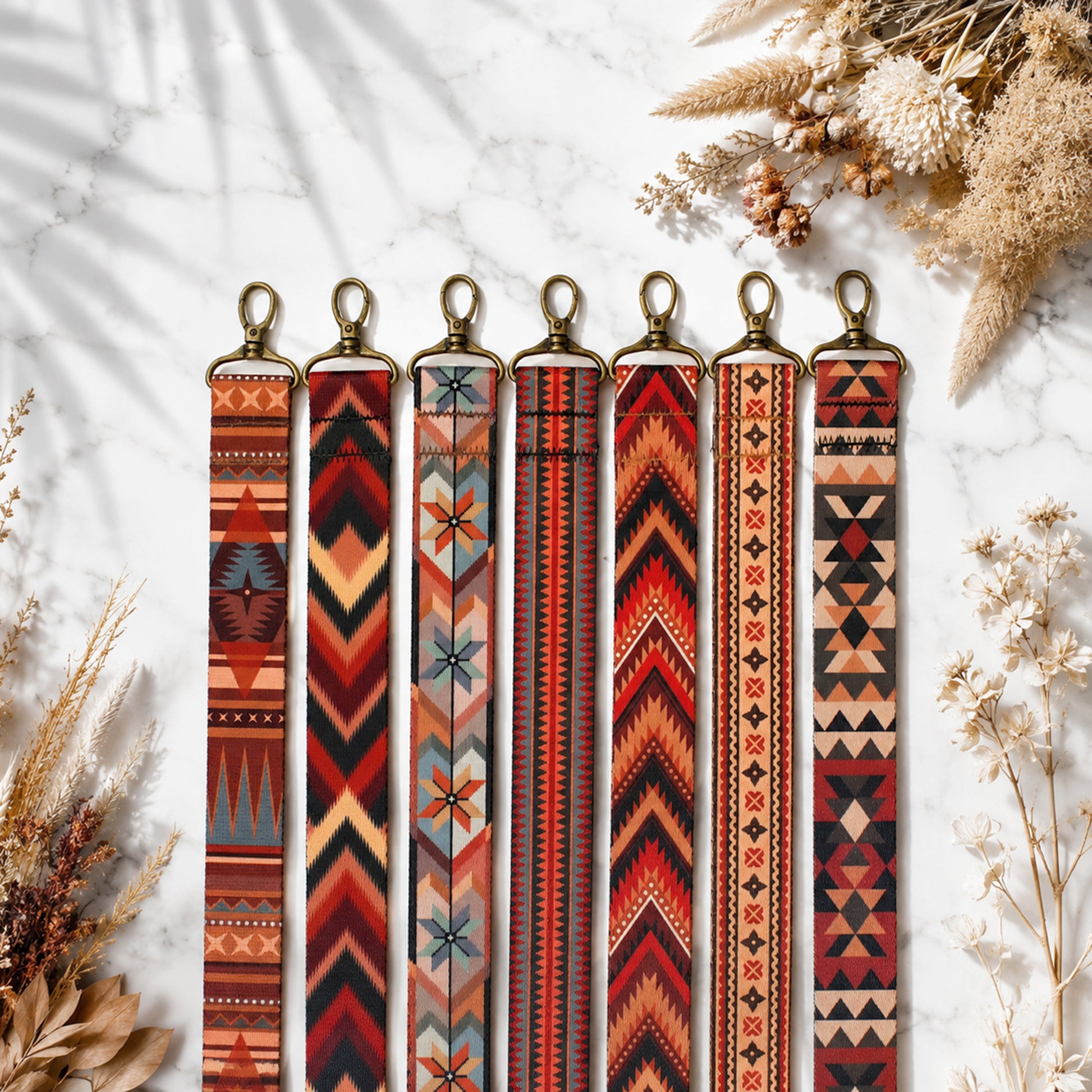 Set of patterned keychains on a light background with dried plants.