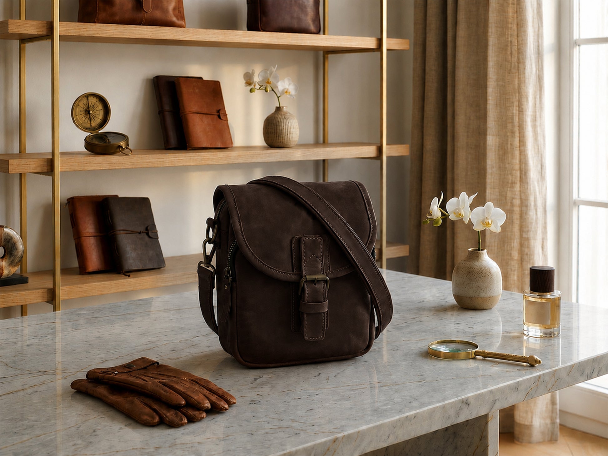 Brown leather bag on a marble surface with shelves and decor in the background