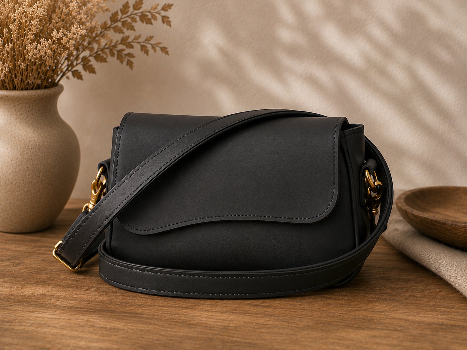 Black leather handbag on a wooden surface with a neutral background