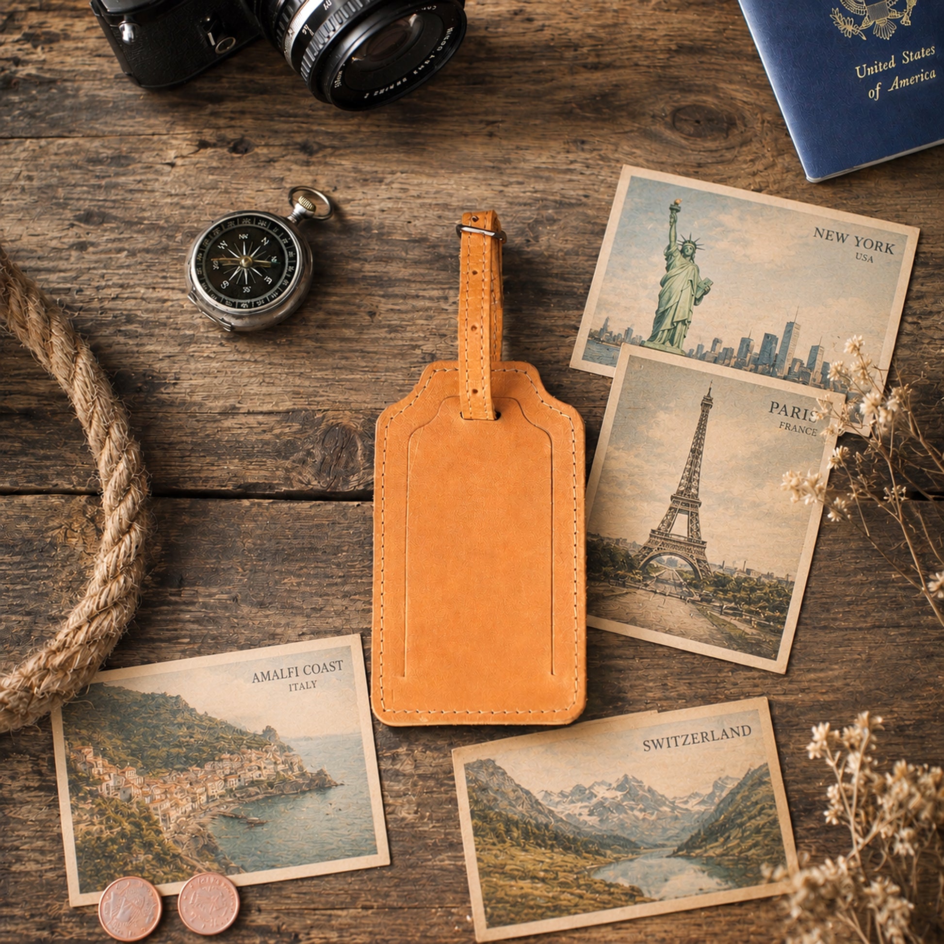 A tan leather luggage tag with a blank center panel, styled on a rustic wooden tabletop with vintage postcards, a compass, a camera, coins, rope, and a passport.