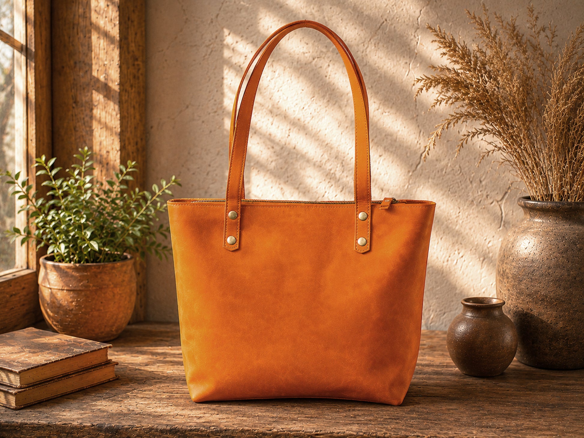 Leather tote bag color options – brown and tan, handcrafted