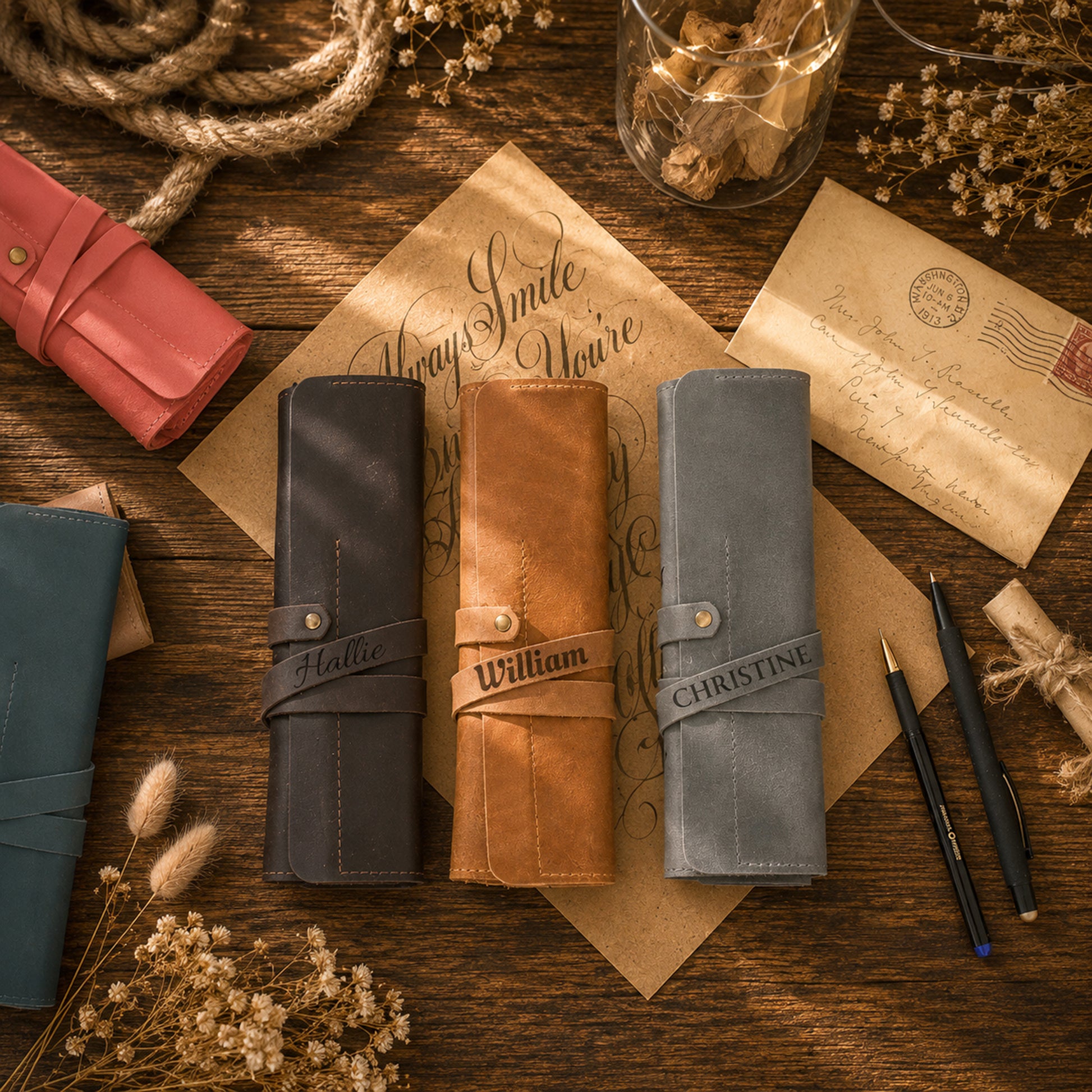 Three personalized leather wallet roll-up cases in dark brown, tan, and slate blue, displayed on a rustic wooden background with vintage-style stationery and decorative props.