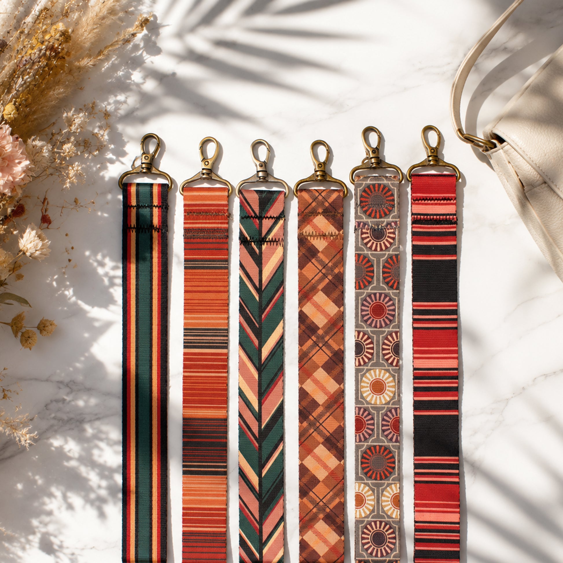 Set of patterned straps on a light background with decorative elements