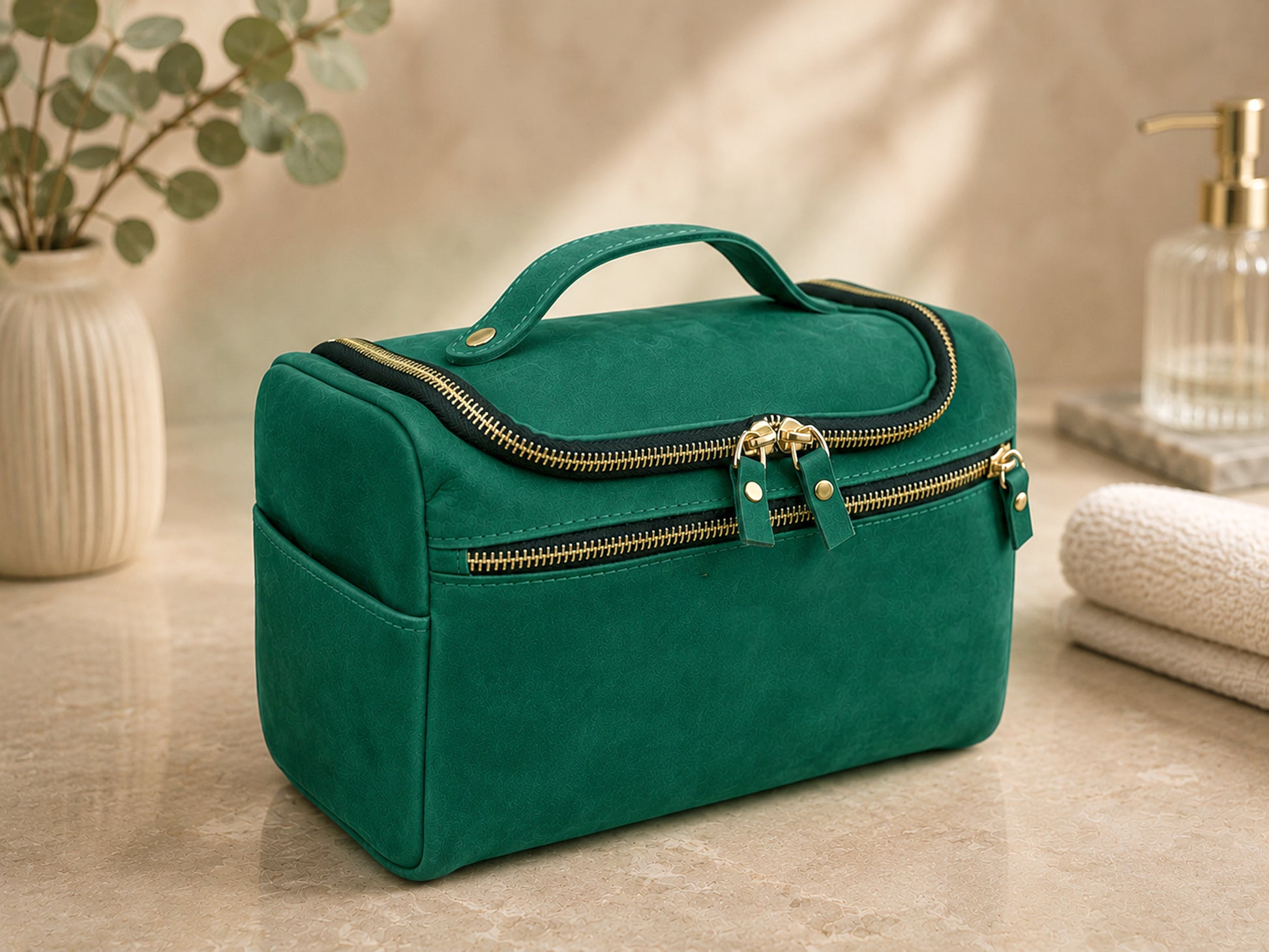 Green toiletry bag with gold zippers on a beige surface with decorative items.