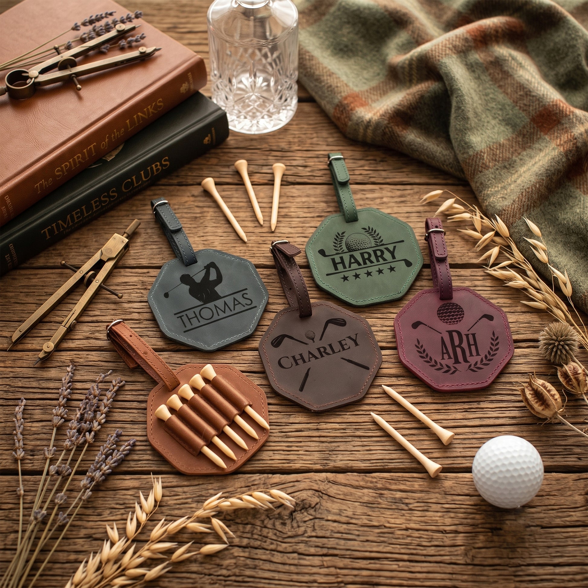Four personalized leather golf tags with matching accessories arranged on a rustic wooden table with books, a glass decanter, a plaid cloth, tees, and a golf ball.