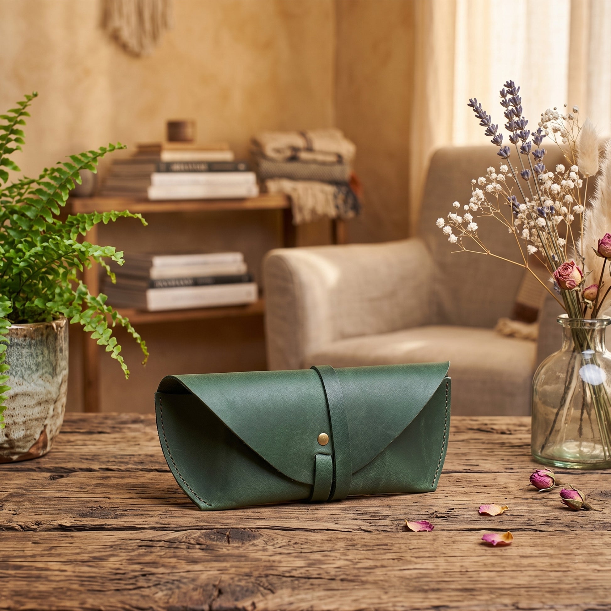 A green leather eyeglasses case with a flap closure and a small gold snap button, resting on a rustic wooden table in a cozy, warm-toned living room setting.
