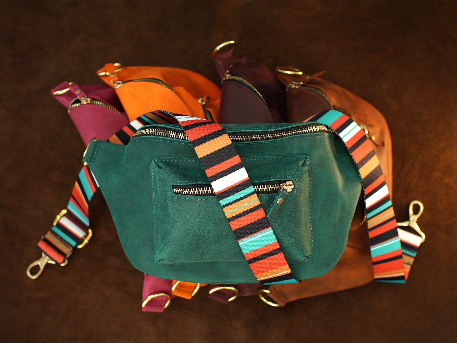 Handcrafted leather sling bag with monogram, gift-ready presentation