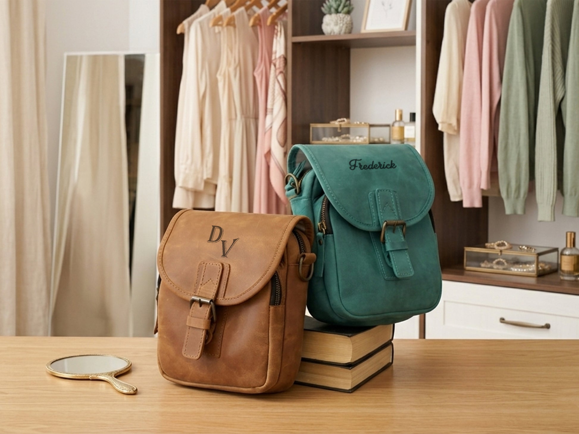 Two bags, one brown and one green, on a wooden surface with a clothing store in the background.