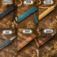 Six-panel color options collage showing leather or faux-leather strap cases in dark charcoal, denim blue, yellow, gray, tan, and brown, each laid on a rustic wood surface with dried flowers. Text labels above each panel read CHOCOLATE, DENIM, YELLOW, GRAY, TAWNY, and BROWN.
