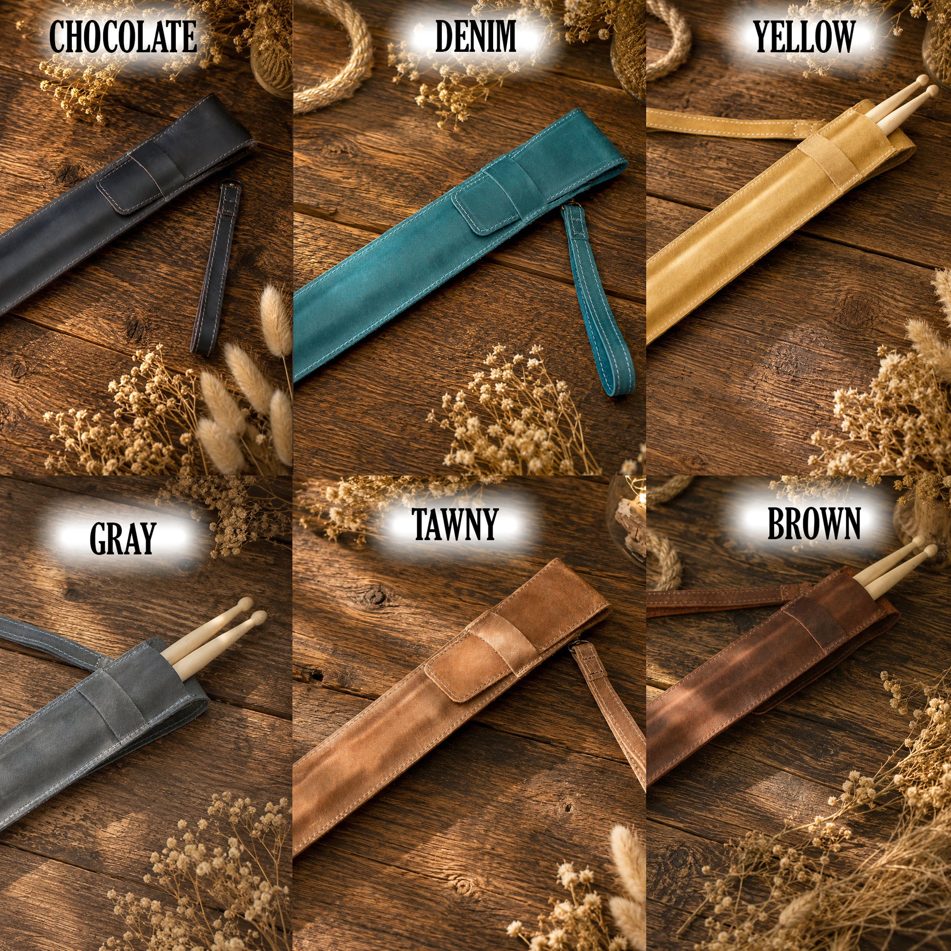 Six-panel color options collage showing leather or faux-leather strap cases in dark charcoal, denim blue, yellow, gray, tan, and brown, each laid on a rustic wood surface with dried flowers. Text labels above each panel read CHOCOLATE, DENIM, YELLOW, GRAY, TAWNY, and BROWN.