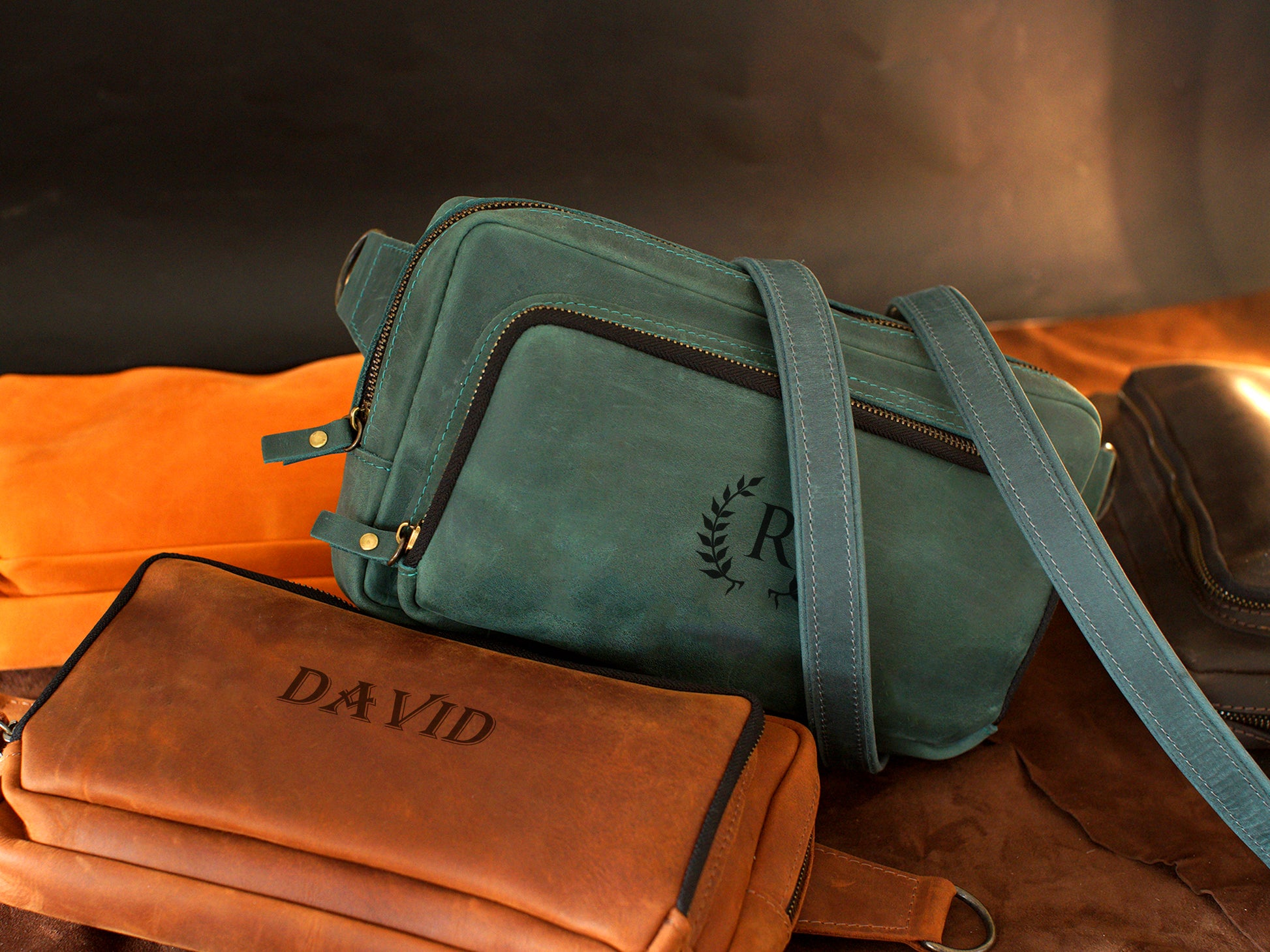Handcrafted personalized leather crossbody sling – RokosStudio, front view
