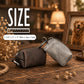 Two small zippered pouches displayed on a wooden table in a warm indoor setting, with a dog photo frame and dried flowers in the background. Large overlaid text reads “SIZE” with a ruler graphic and dimensions 3 1/2 in x 2 in x 2 in (9cm x 5cm x 5cm).