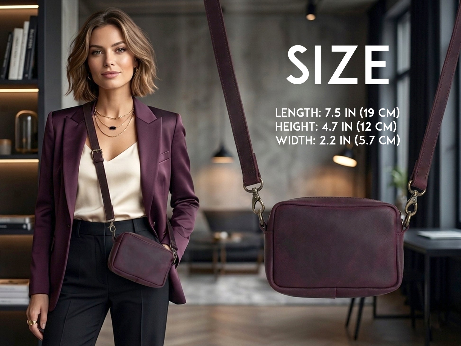 Brown leather crossbody bag with custom monogram engraving, front view