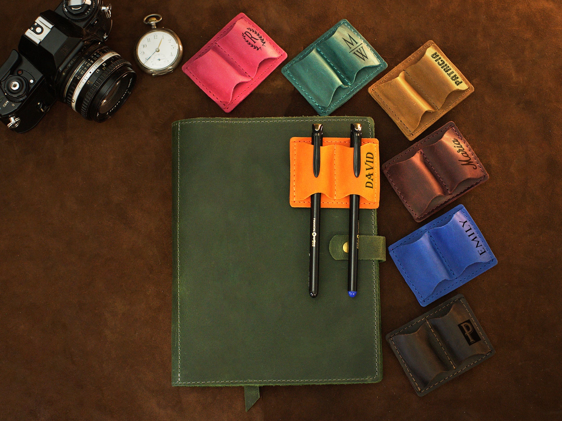 Leather pen loop with custom stamp, compact notebook accessory