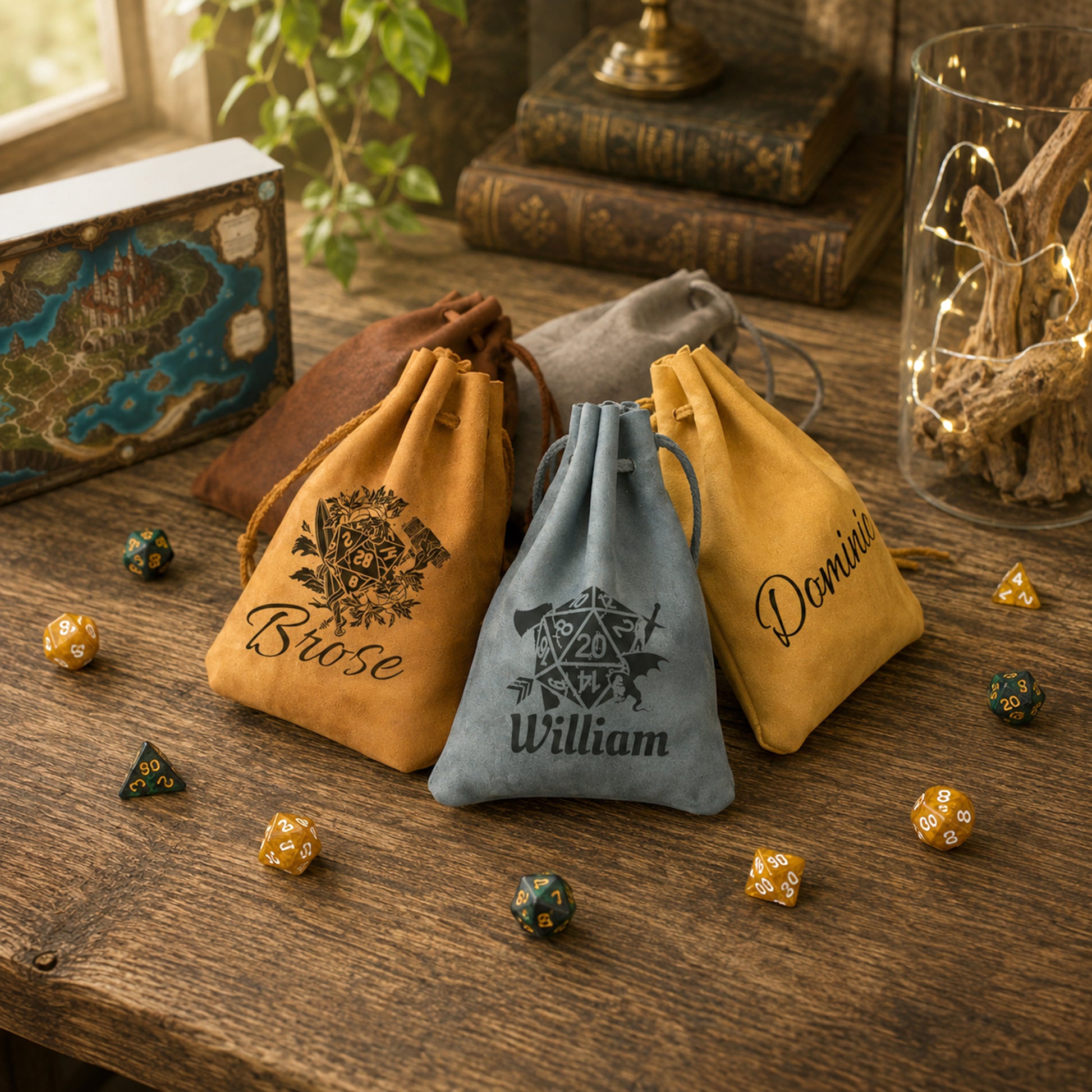 Three personalized drawstring pouches in tan, light blue, and mustard yellow are arranged on a rustic wooden table. The tan and mustard yellow pouches are printed with black gothic script names 'Briar' and 'Domini' alongside a floral and celestial designs, while the light blue pouch is personalized with 'William' and a pentacle symbol.
