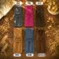 Six personalized pen pouches in different colors are arranged in a 2x3 grid on a wooden surface with dried flowers and warm string lights. The top row shows gray, pink, and olive options labeled GRAY, PINK, and OLIVE, with the names Kevin, M.