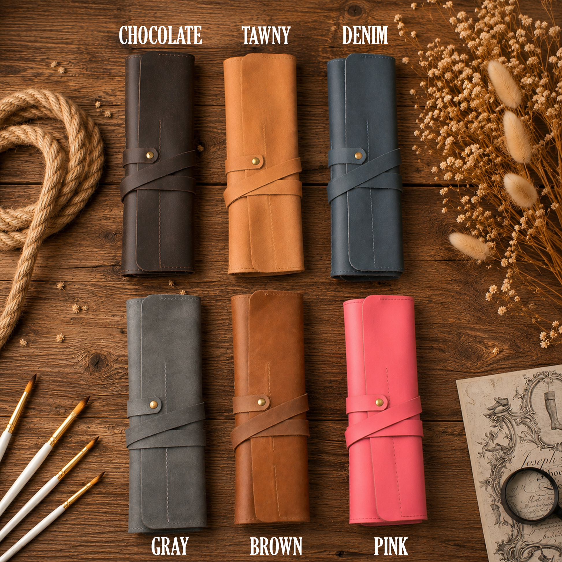 Six leather roll-up wallet or organizer cases arranged on a rustic wooden surface, each labeled with a color name: Chocolate, Tawny, Denim, Gray, Brown, and Pink. Decorative rope, dried flowers, paintbrushes, and a notebook are placed around them.