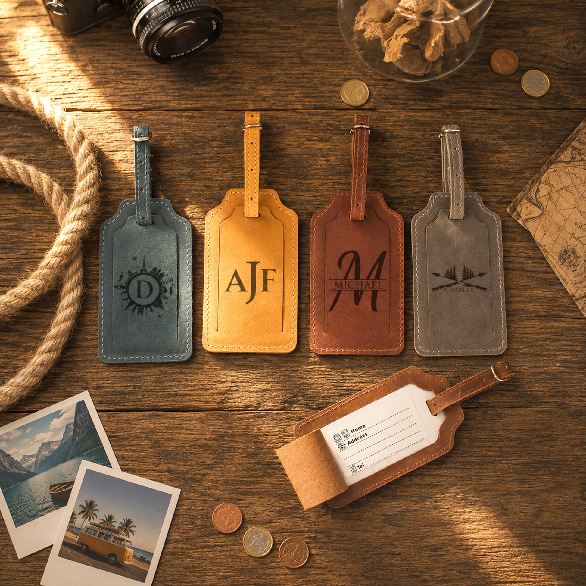 Four personalized leather luggage tags arranged on a rustic wooden table with travel-themed props, including a camera, rope, coins, a map, and instant photos. One tag is open, showing a blank name and address card insert.