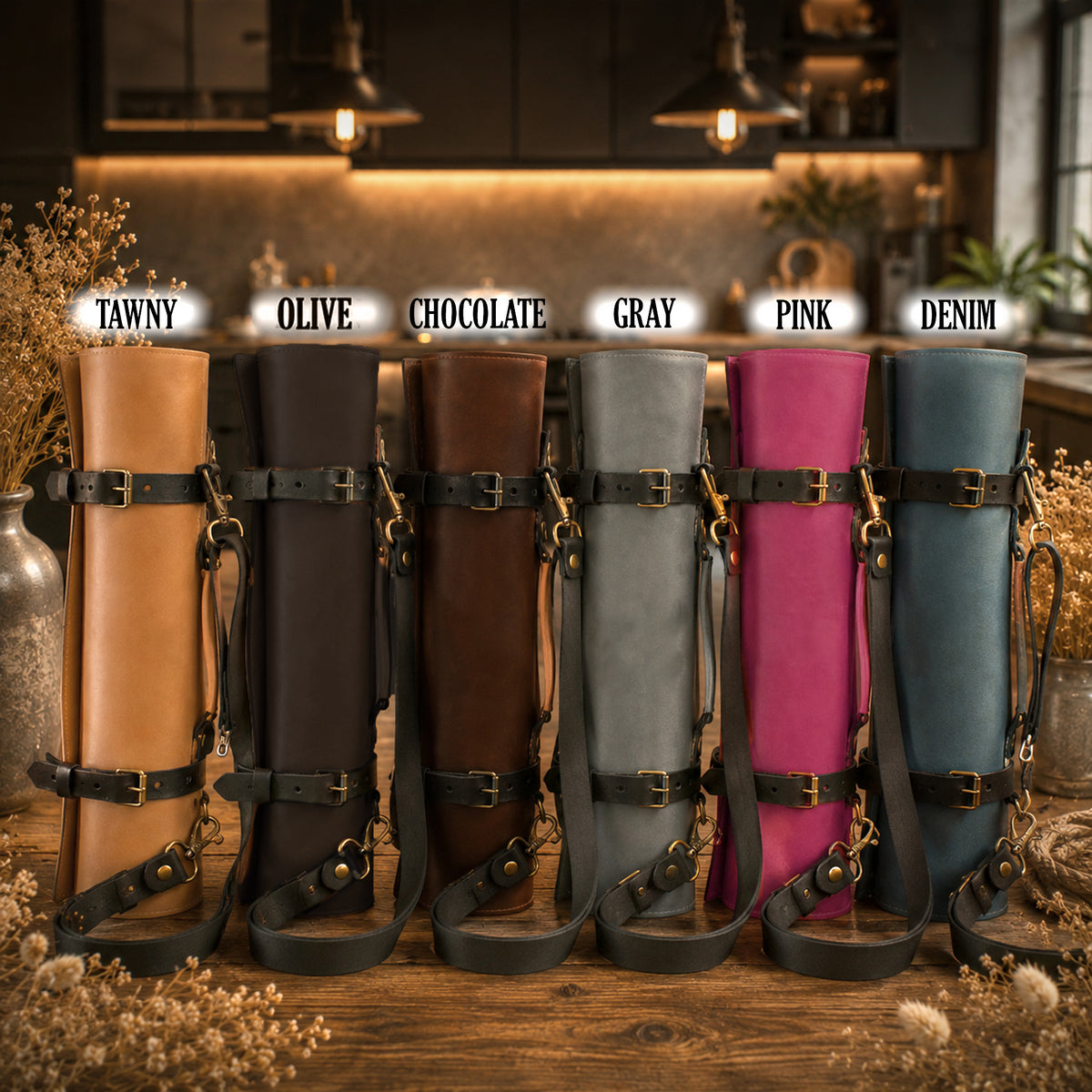 The Master Chef leather knife roll collection, professional blade organizer flat lay