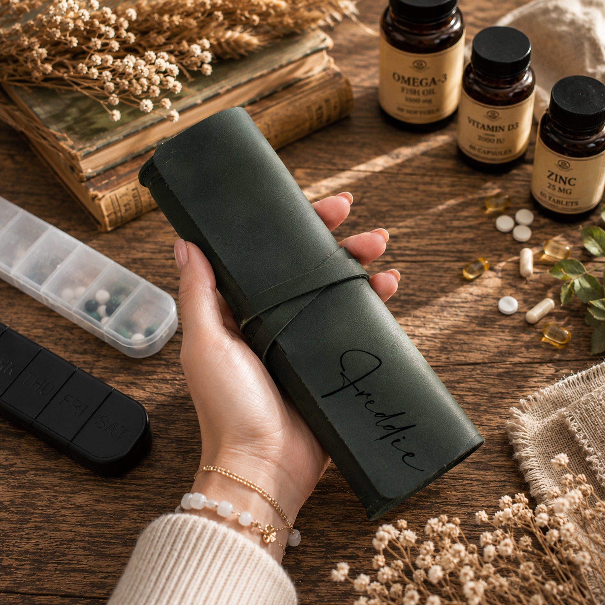 A hand holds a dark green leather pill organizer roll with the name 'Freddie' written in black script. The scene is styled with supplements, including amber bottles of Omega 3, Vitamin D, and Zinc, a pill organizer tray, and dried flowers on a rustic wooden table.