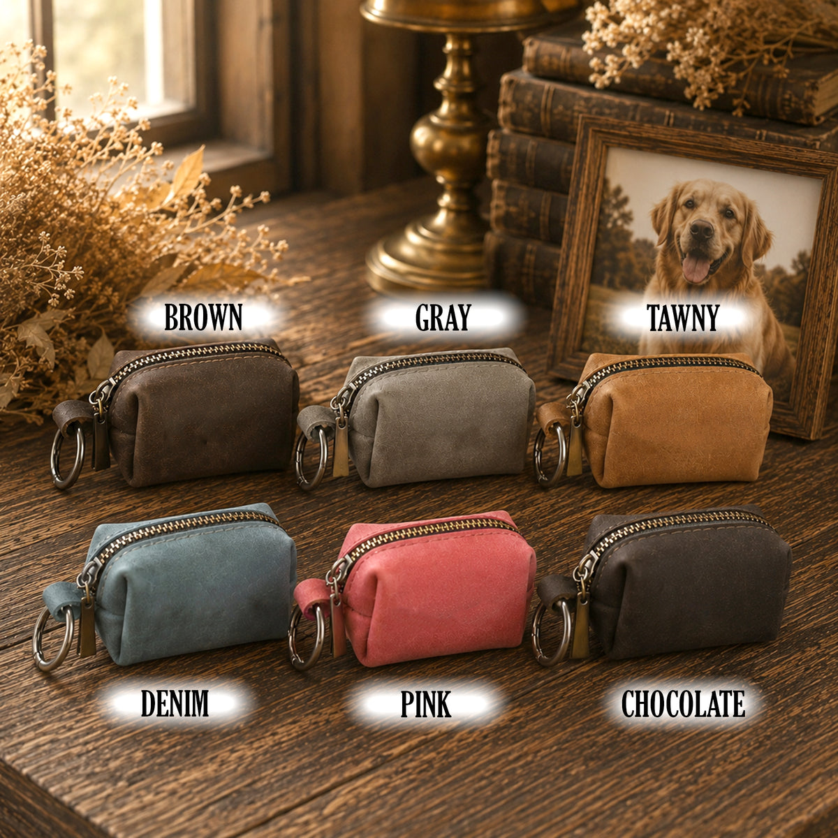 Six small zip pouches with keychains are arranged on a wooden table, each labeled with a color name: Brown, Gray, Tawny, Denim, Pink, and Chocolate. The pouches come in different colors and are shown in a styled indoor setting with dried flowers, books, and a framed dog portrait in the background.