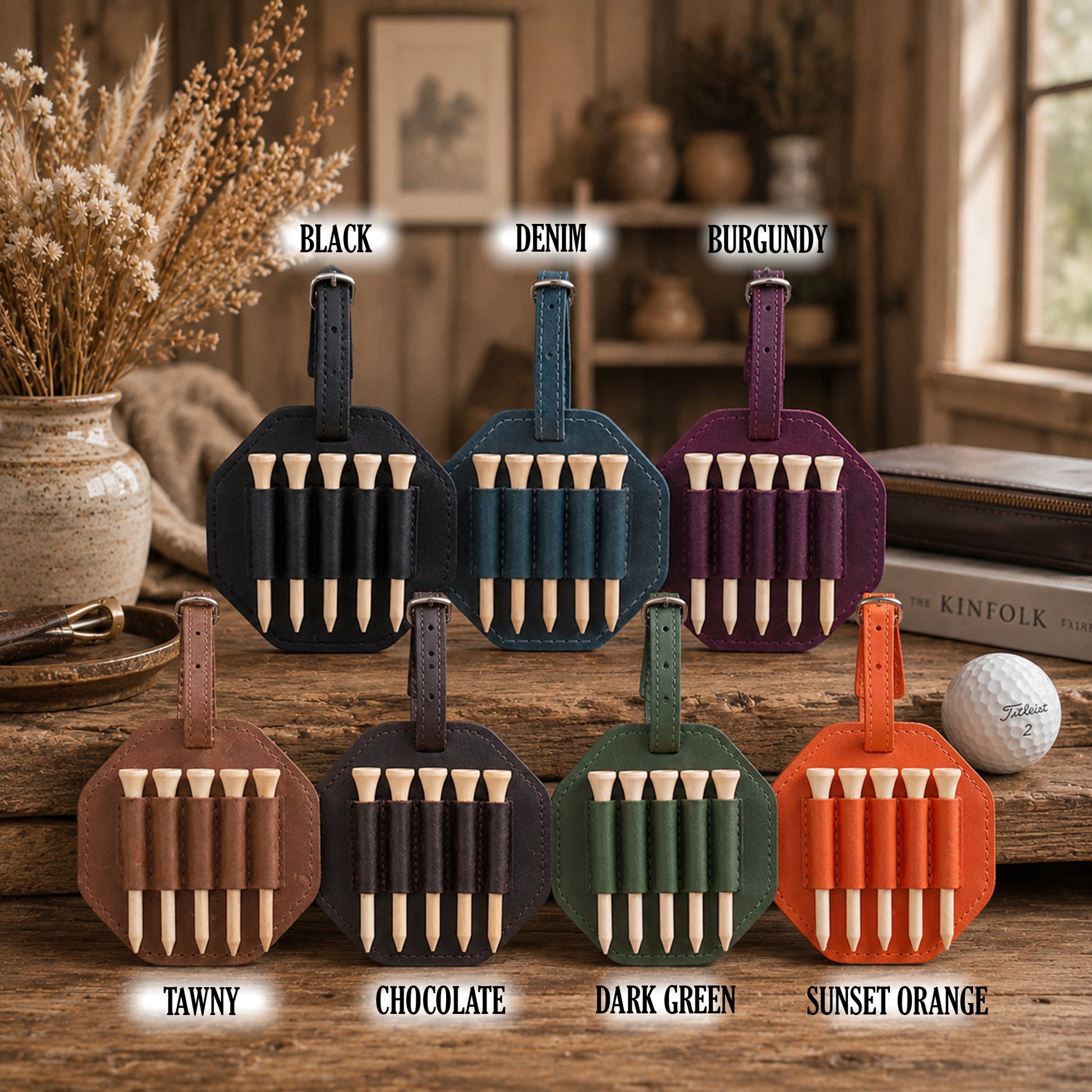 Six golf tee holders in different colors are arranged on a wooden table in a styled indoor setting. The labels above and below indicate the color options: BLACK, DENIM, BURGUNDY, TAWNY, CHOCOLATE, DARK GREEN, and SUNSET ORANGE.