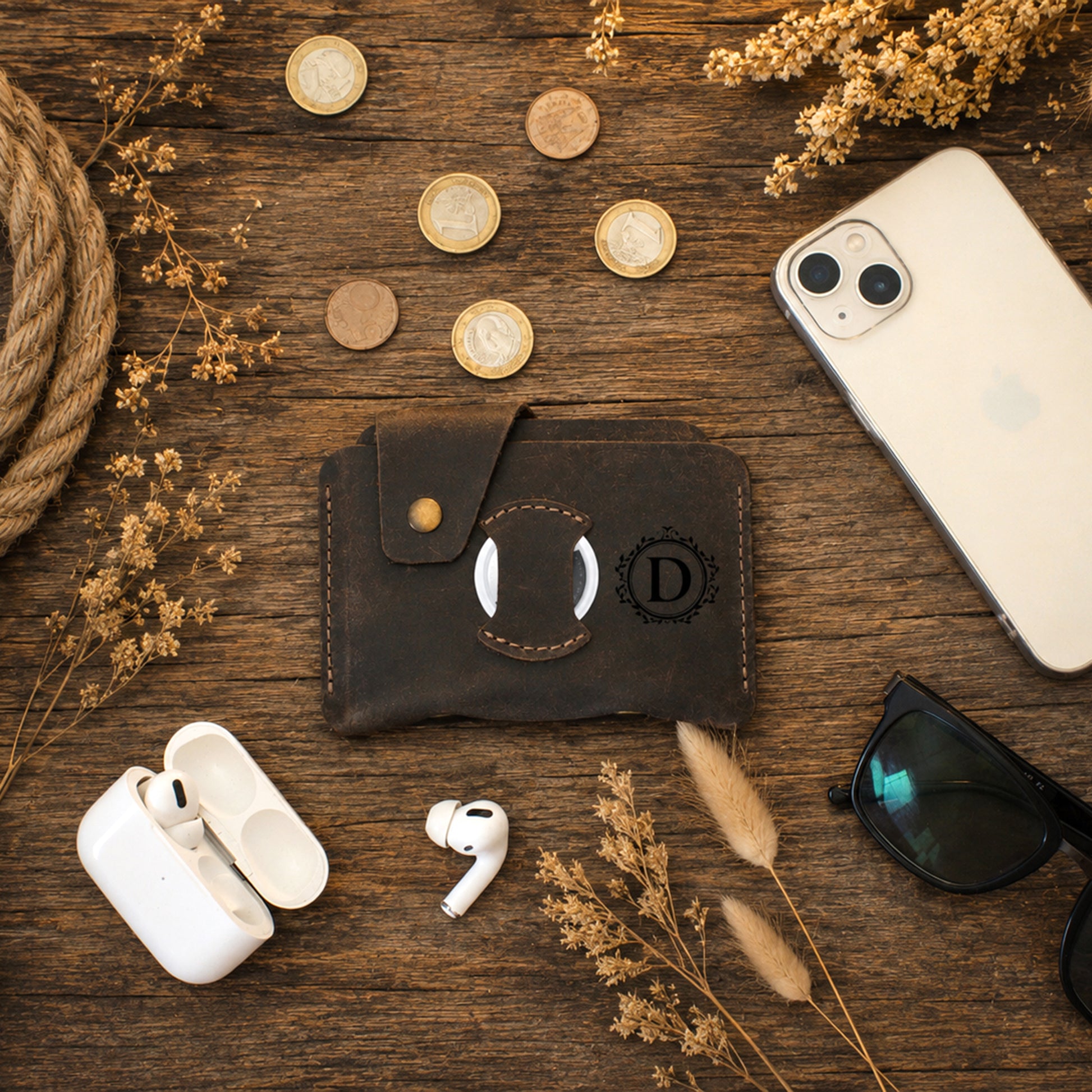 Leather slim bifold with AirTag tracker slot, compact everyday carry