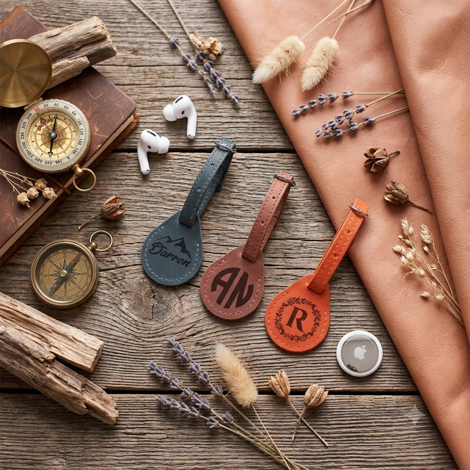 Four leather luggage tags in dark teal, brown, and orange-red are arranged on a rustic wooden surface with dried flowers, a compass, a book, and a peach-colored fabric. One tag has a visible Apple logo cutout.
